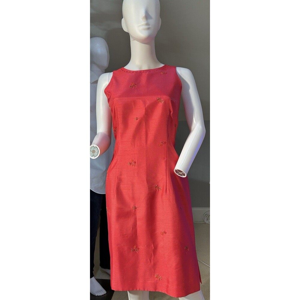 Vintage 80s Dressbarn Women’s Red Dupioni Silk Sheath Dress Beaded Floral Size 8